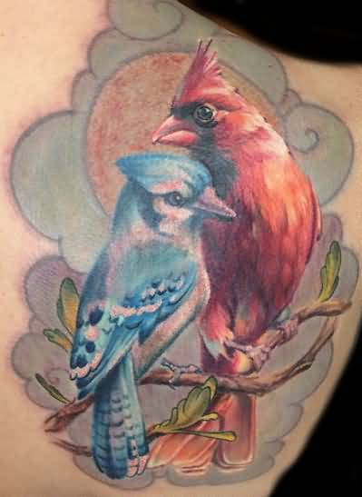 Blue And Red Ink Cardinal Tattoo On Right Back Shoulder