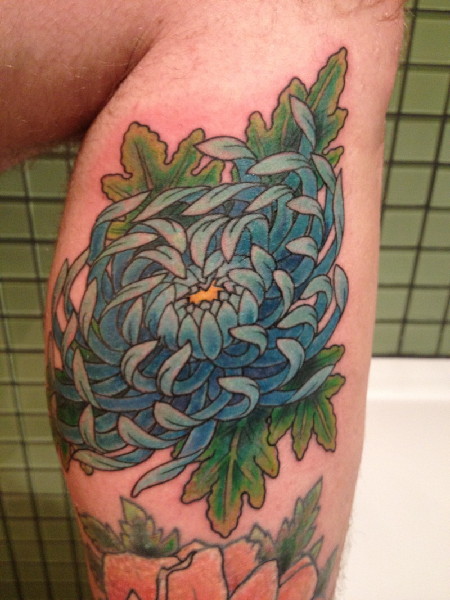 Blue Chrysanthemum Flower Tattoo On Leg