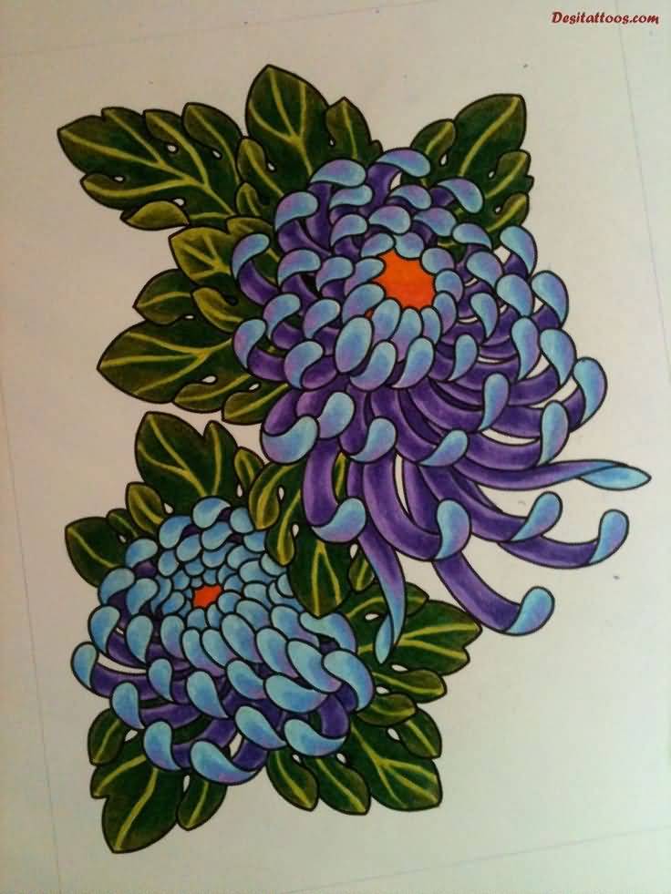Blue Chrysanthemum Flowers Tattoo Designs