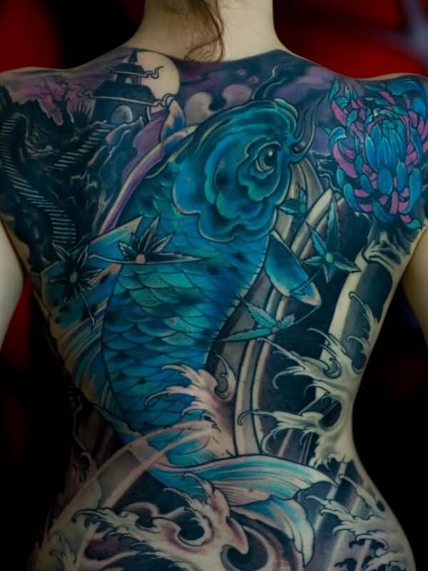 Blue Dragon Fish Tattoo On Full Back