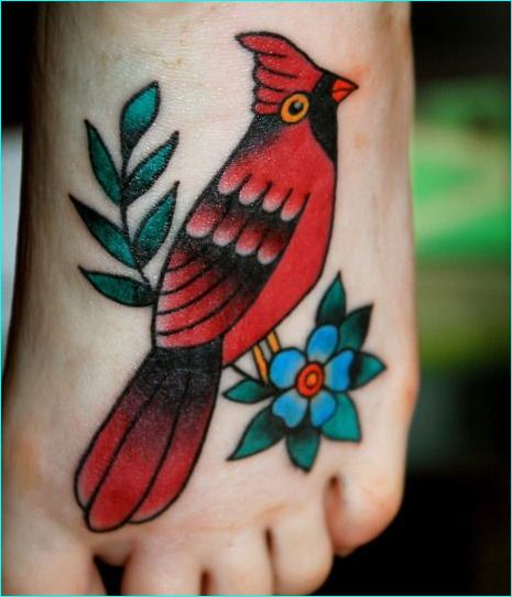Blue Flower And Cardinal Tattoo On Left Foot