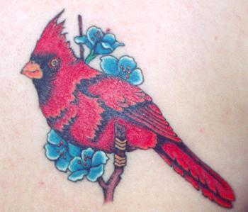 Blue Flowers And Red Cardinal Bird Tattoo