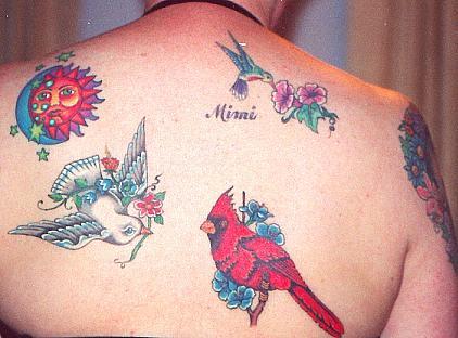 Blue Flower And Cardinal Tattoo On Back