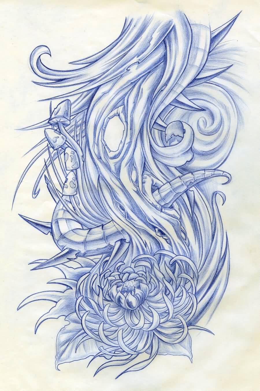 Blue Ink Chrysanthemum Tattoo Design by Daeo