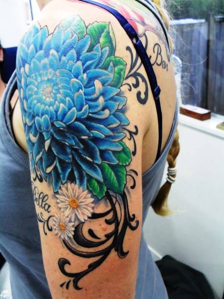 Blue Ink Chrysanthemum Tattoo On Left Shoulder