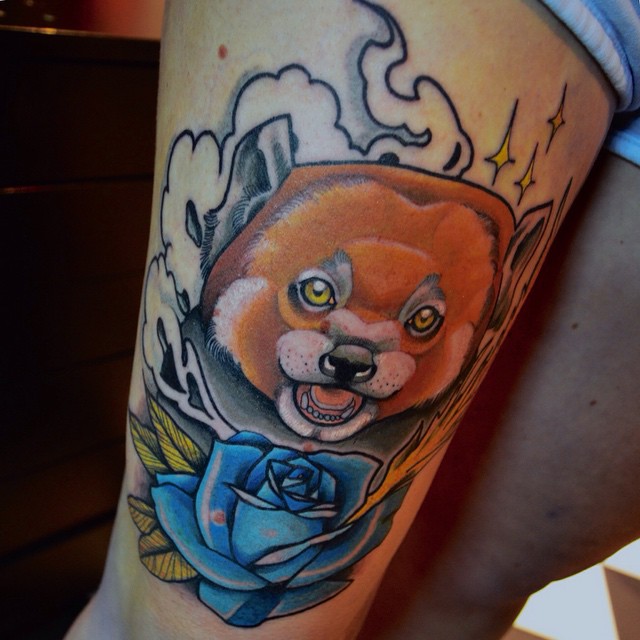 Blue Rose And Red Panda Tattoo On Sleeve by Mattdattardi