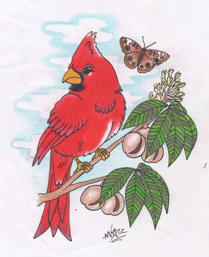 Butterfly And Red Ink Cardinal Tattoo Design