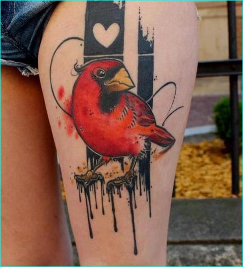 Cardinal Tattoo On Left Thigh