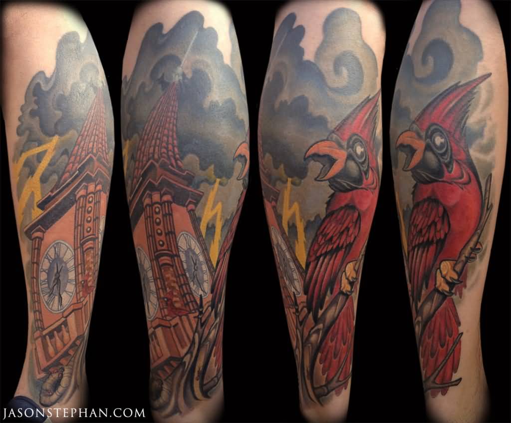 Cardinal Tattoo On Leg Sleeve by Jason Stephan Richmond