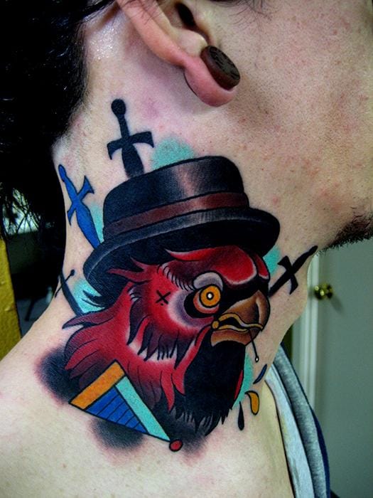 Cardinal With Black Hat Tattoo On Side Neck