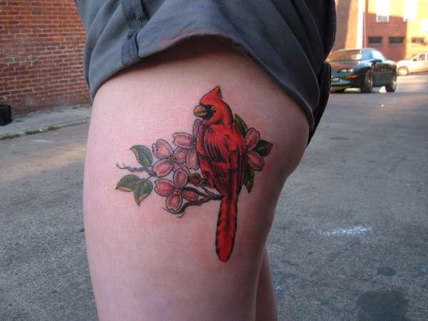 Cardinal With Flowers Tattoo On Side Thigh