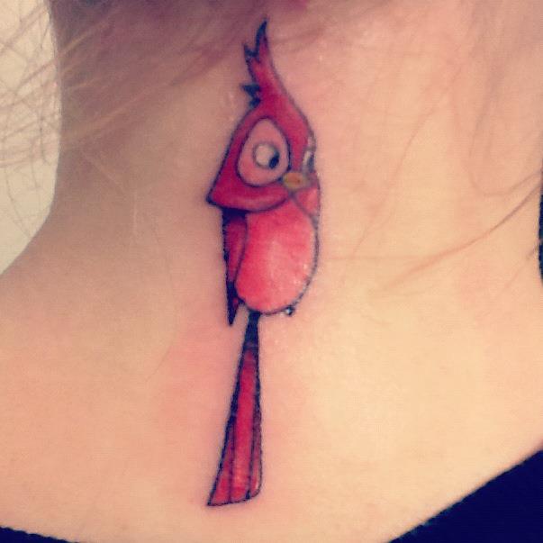 Cartoon Cardinal Bird Tattoo On Nape