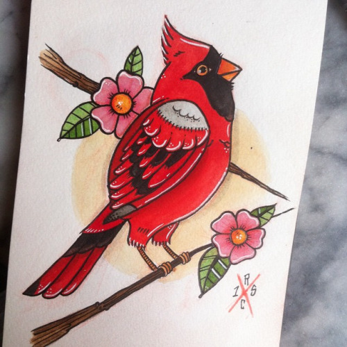 Cherry Blossom Flowers and Cardinal Tattoo Design