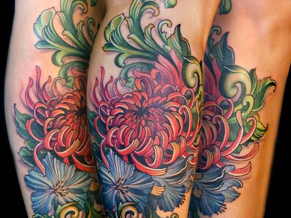 Chrysanthemum And Filigree Flowers Tattoo On Leg