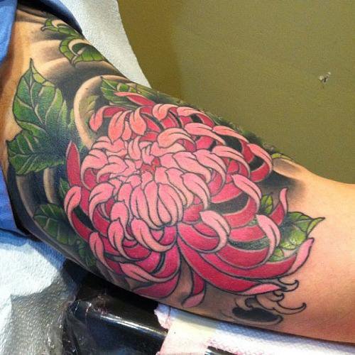 Blue Ink Chrysanthemum Tattoo Design by Daeo
