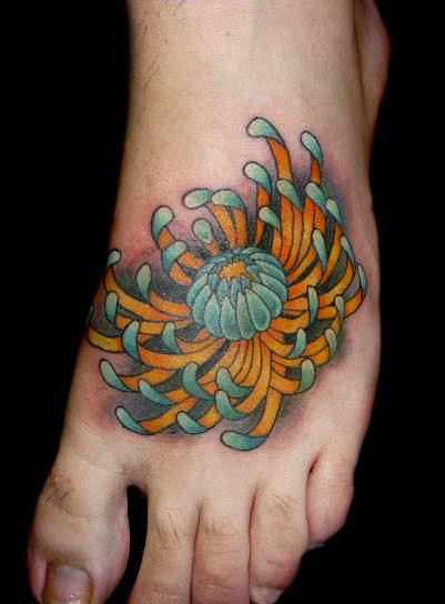 Chrysanthemum Flower Tattoo On Left Foot