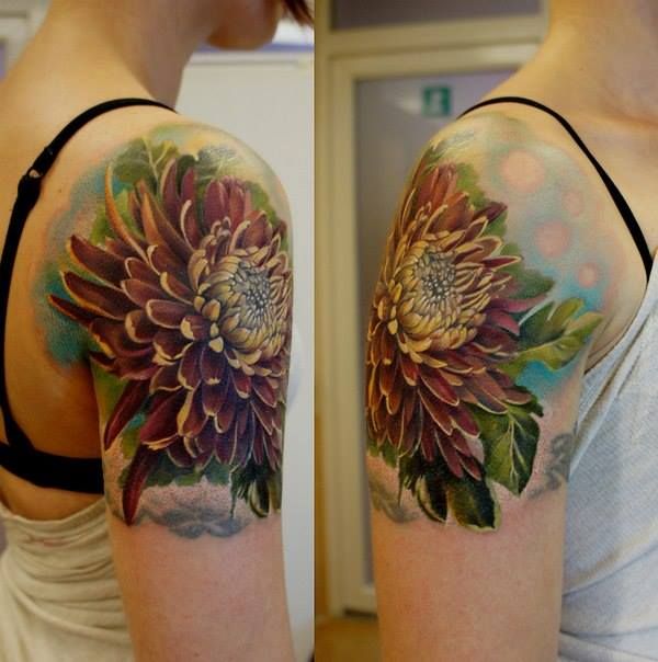 Chrysanthemum Flower Tattoo On Right Shoulder