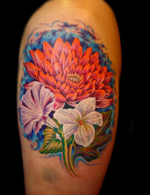 Chrysanthemum Flowers Tattoo On Shoulder For Men