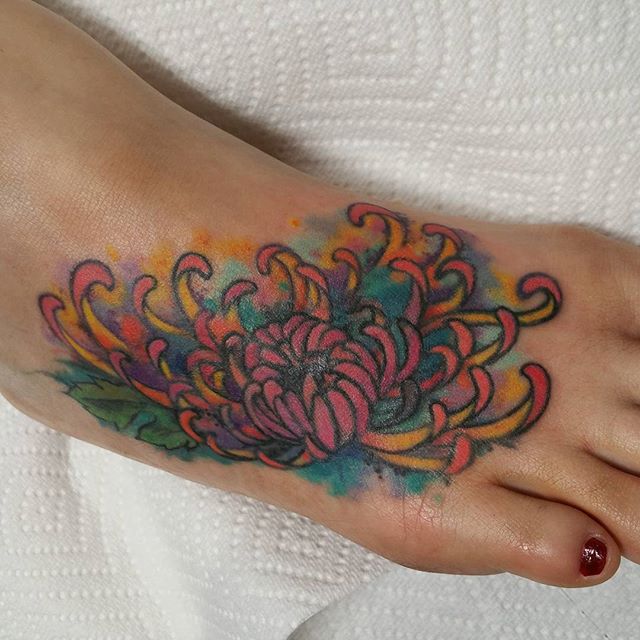 Chrysanthemum Tattoo On Girl Right Foot For Girls