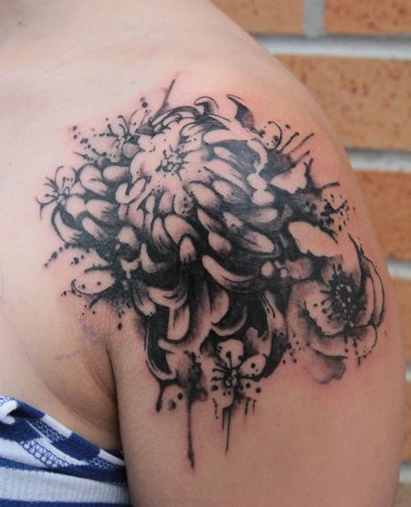 Chrysanthemum Tattoo On Girl Shoulder