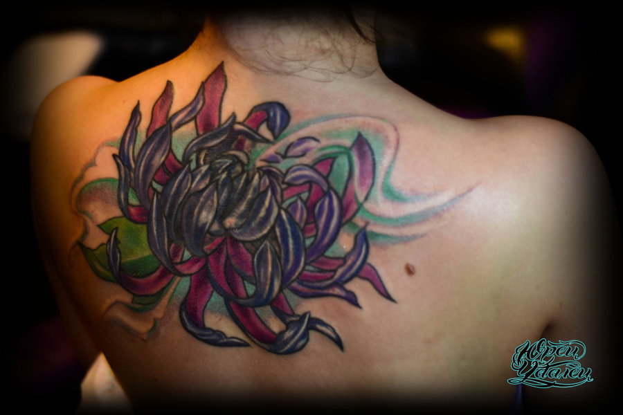 Chrysanthemum Tattoo On Girl Upper Back