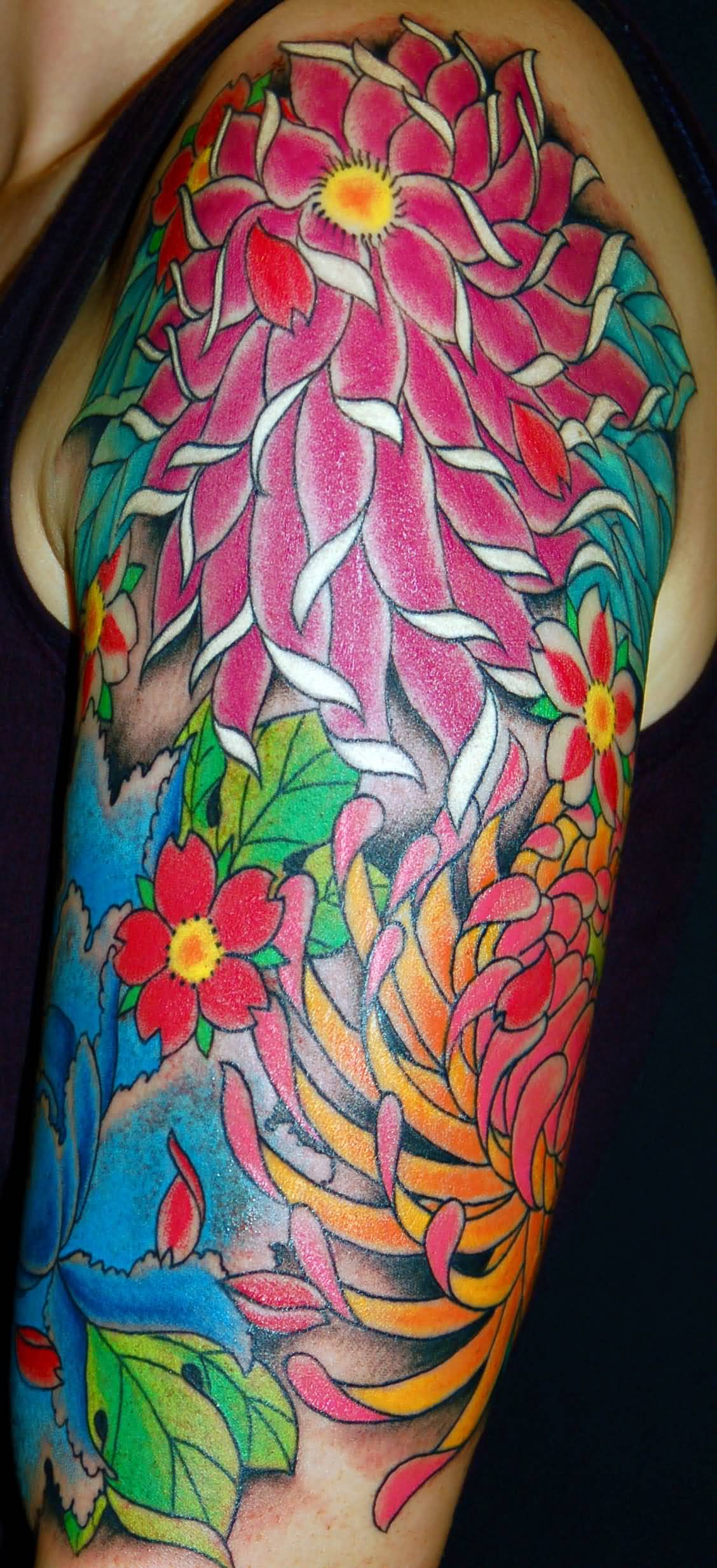 Chrysanthemum Tattoo On Left Half Sleeve
