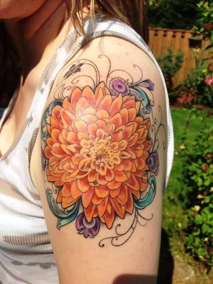 Chrysanthemum Tattoo On Left Shoulder For Girls