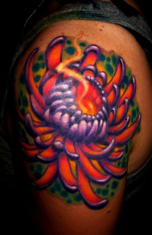 Chrysanthemum Tattoo On Left Shoulder