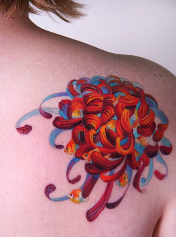 Chrysanthemum Tattoo On Right Back Shoulder