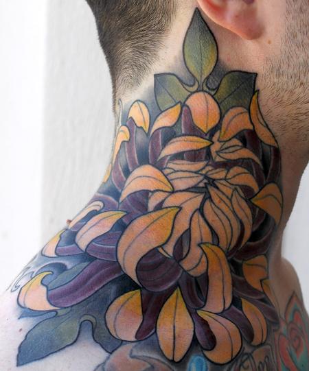 Chrysanthemum Tattoo On Side Neck For Men
