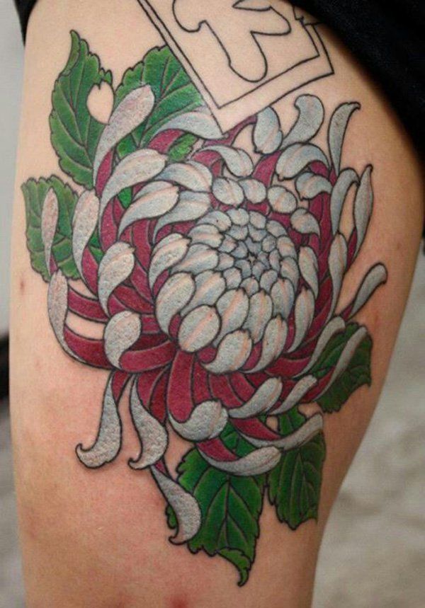 Chrysanthemum Tattoo On Side Thigh