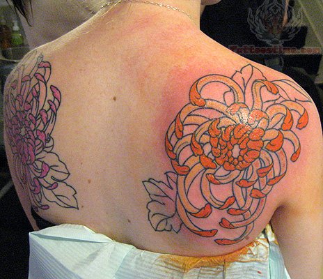 Chrysanthemum Tattoos On Back Shoulders For Girls