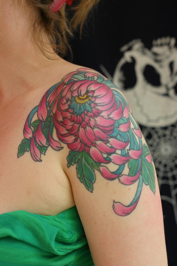 Chrysanthemum Tattoos On Girl Left Shoulder