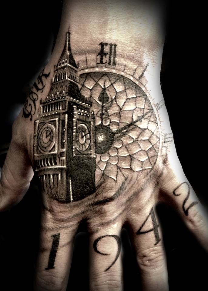 Clock And Big Ben Tattoo On Left Hand