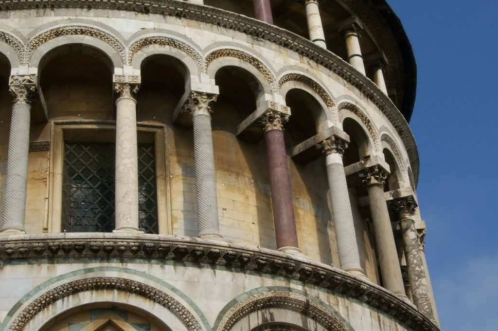 Closeup Of The Balcony Of Leaning Tower Of Pisa