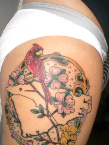 Color Flowers And Cardinal Bird Tattoo