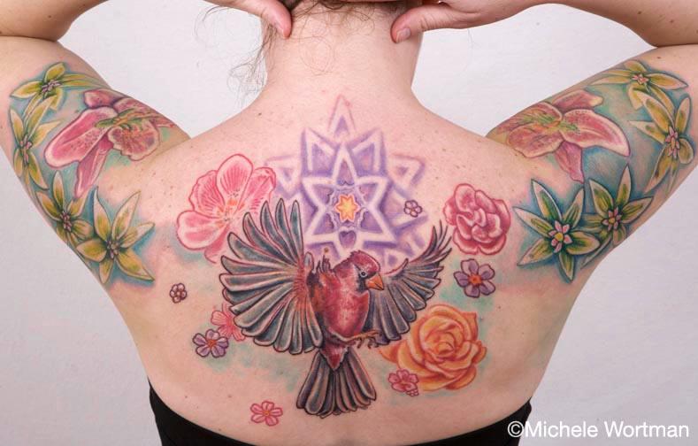 Color Flowers And Cardinal Tattoo On Girl Upper Back