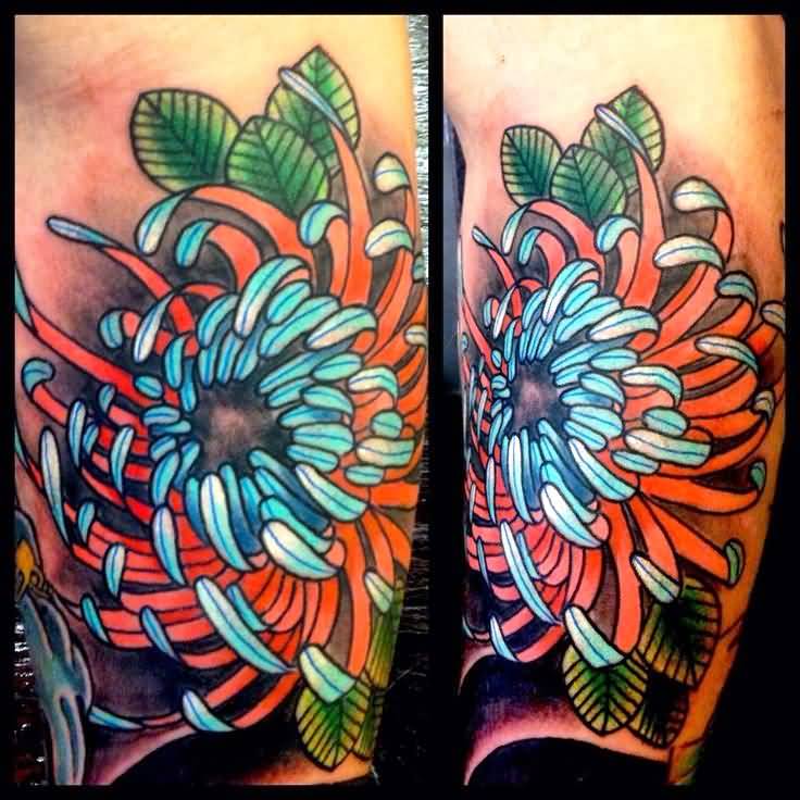 Color Ink Chrysanthemum Tattoo On Arm Sleeve