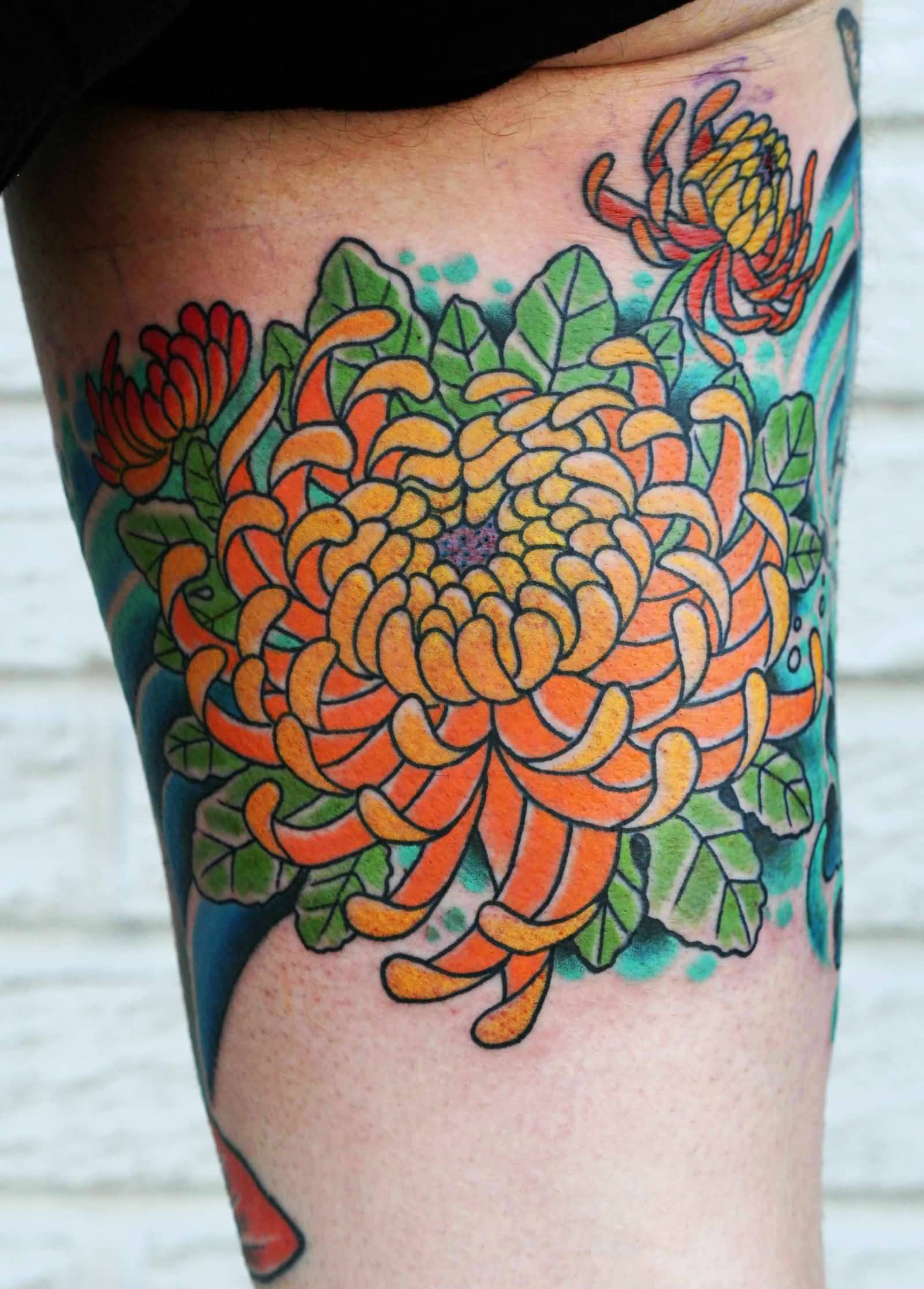 Color Ink Chrysanthemum Tattoo On Sleeve