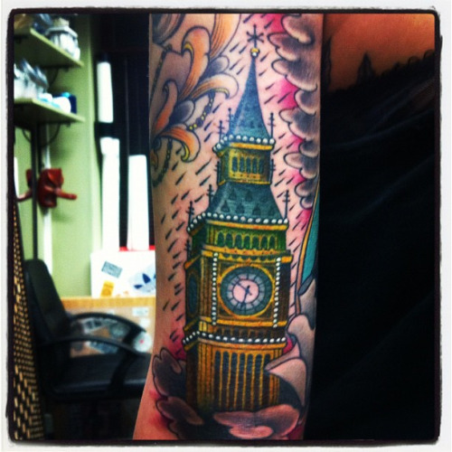 Colored Big Ben Tattoo On Left Sleeve