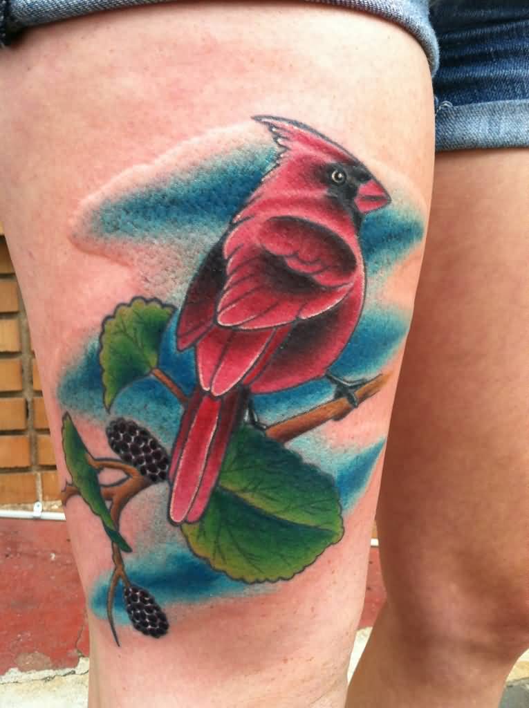 Colored Cardinal Bird Tattoo On Right Thigh