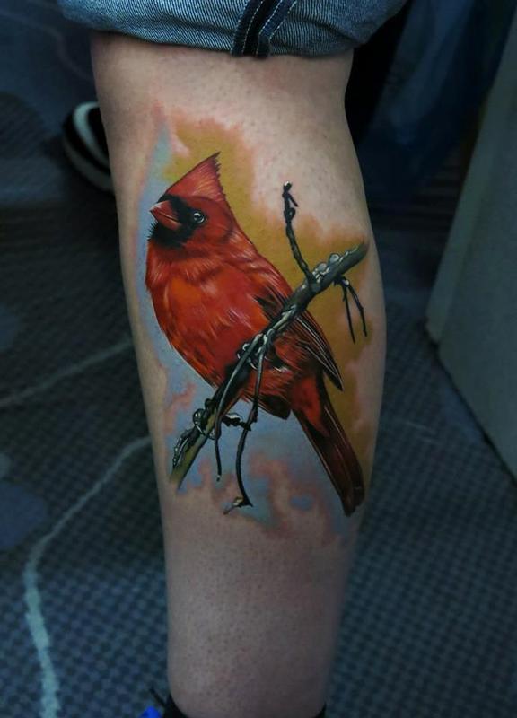 Colored Cardinal Tattoo On Leg