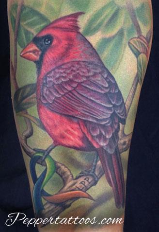 Colored Cardinal Tattoo by Pepper Tattoos