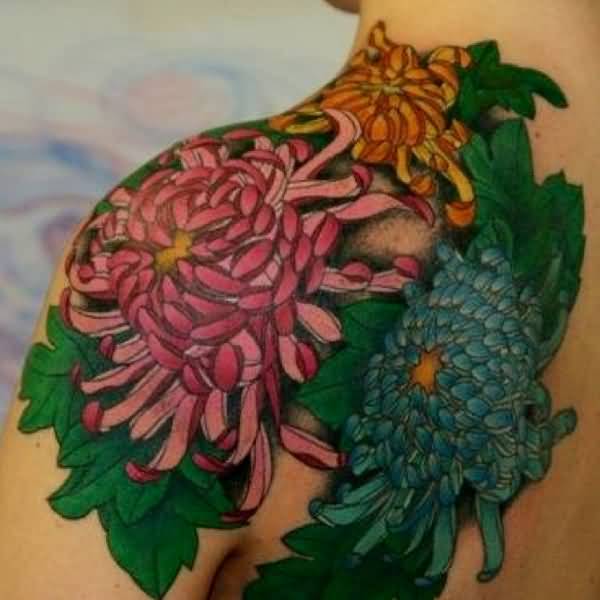 Colored Chrysanthemum Tattoos On Left Back Shoulder