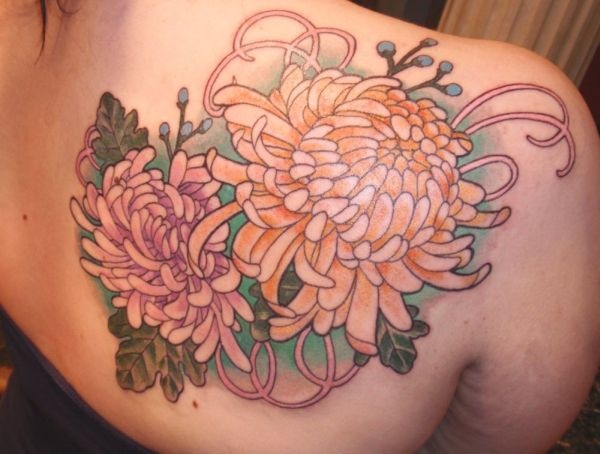 Colored Chrysanthemum Tattoos On Right Back Shoulder