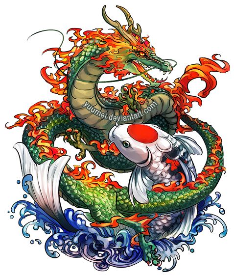 Colored Dragon And Dragon Fish Tattoo Design by Yuumei