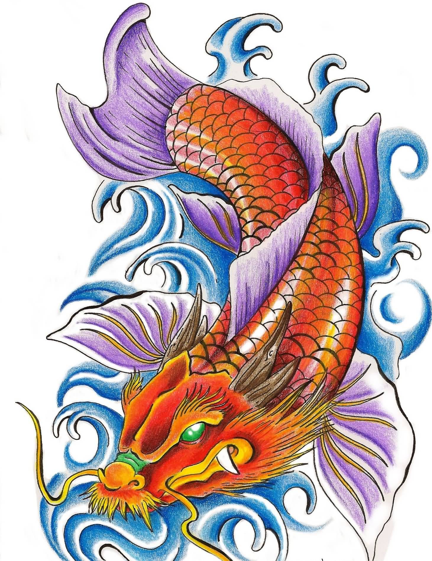 Colored Dragon Fish Tattoo Design