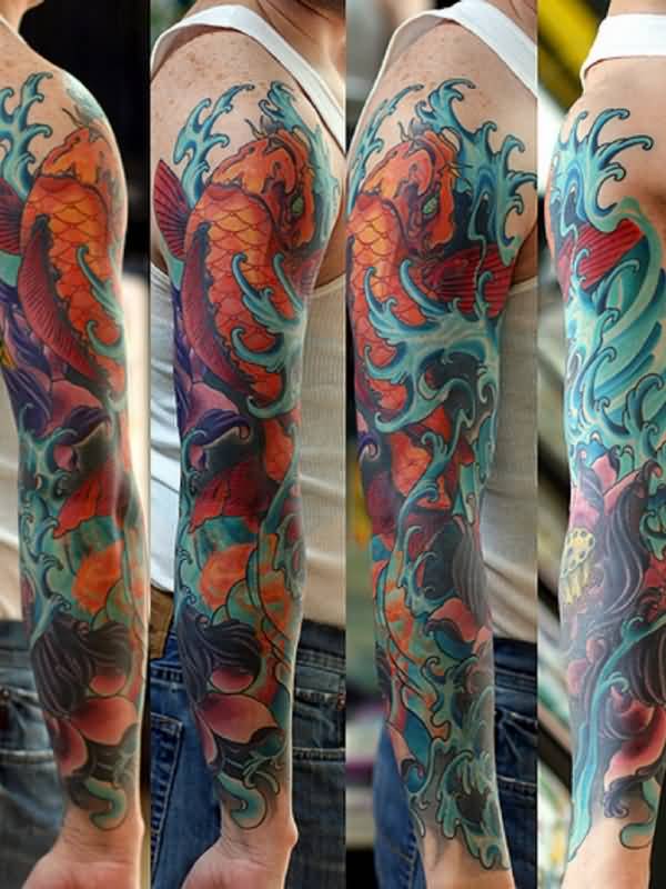 Colored Dragon Fish Tattoo On Man Full Sleeve