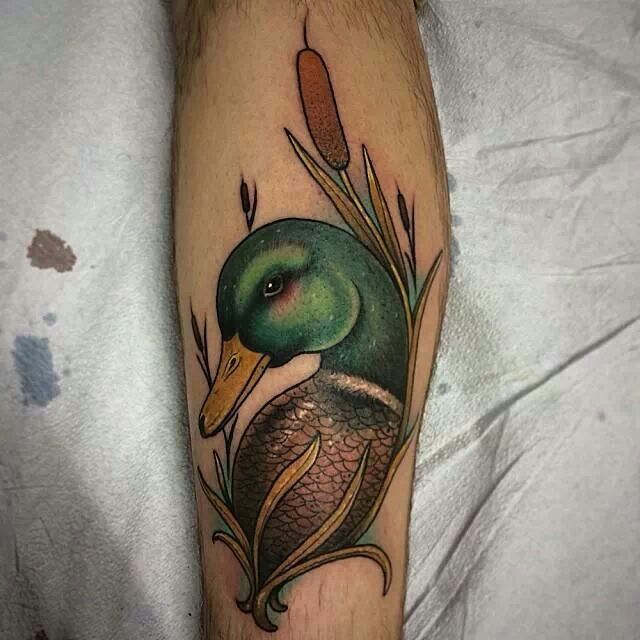 Colored Duck Tattoo On Leg