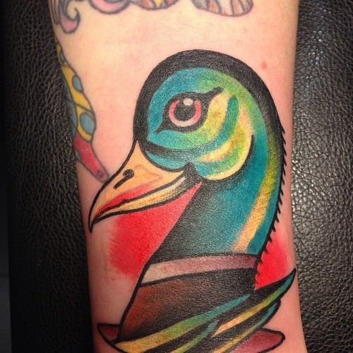 Colored Duck Tattoo On Sleeve